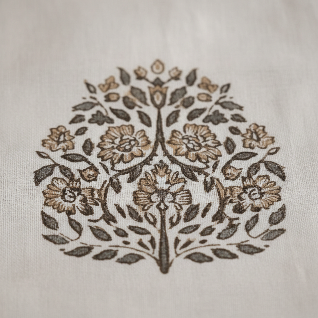 Block-printed paisley detail close-up
