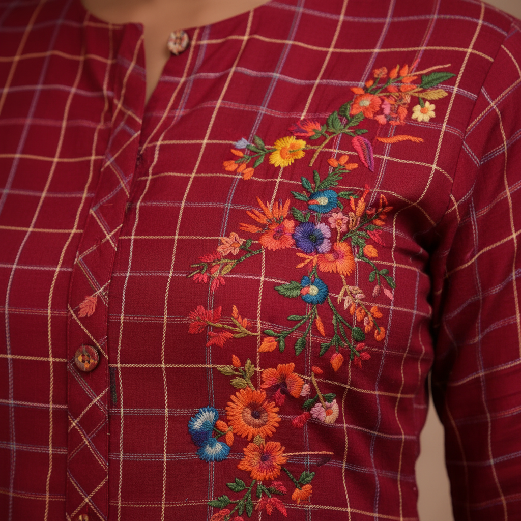 Checkered pattern and embroidery detail close-up