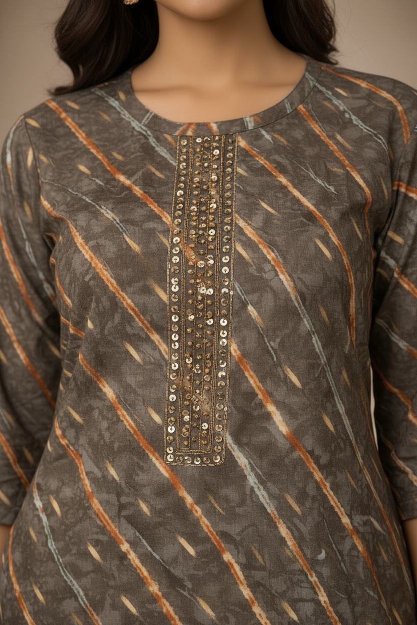 Close-up embellished neckline and pattern