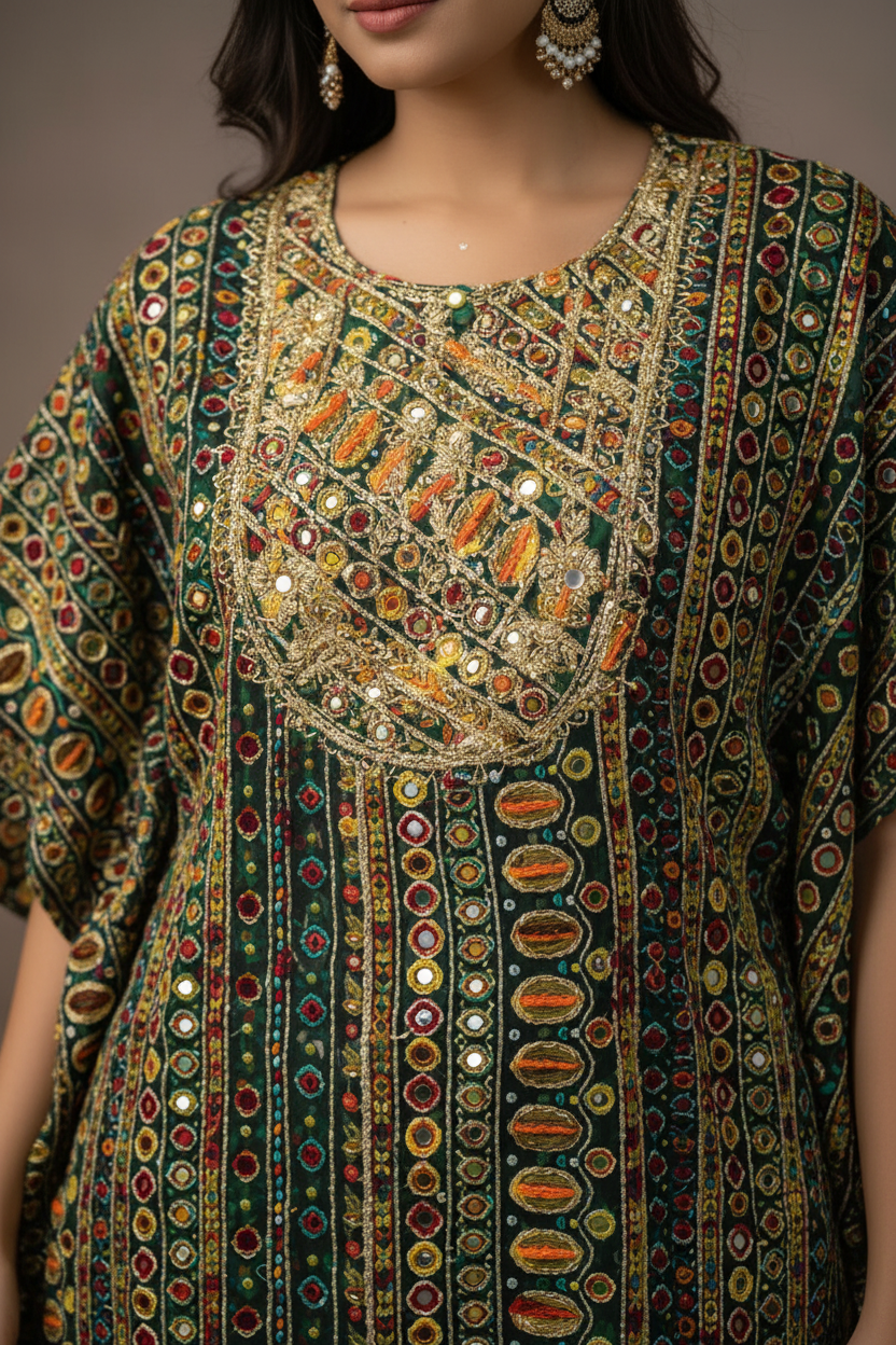 Close-up embroidered neckline and pattern