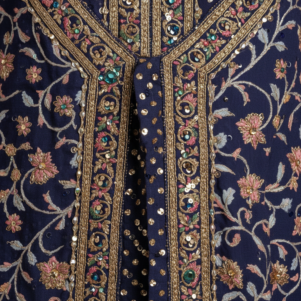 Close-up embroidery and embellishment detail