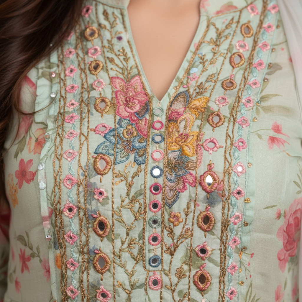 Close-up embroidery and floral detail