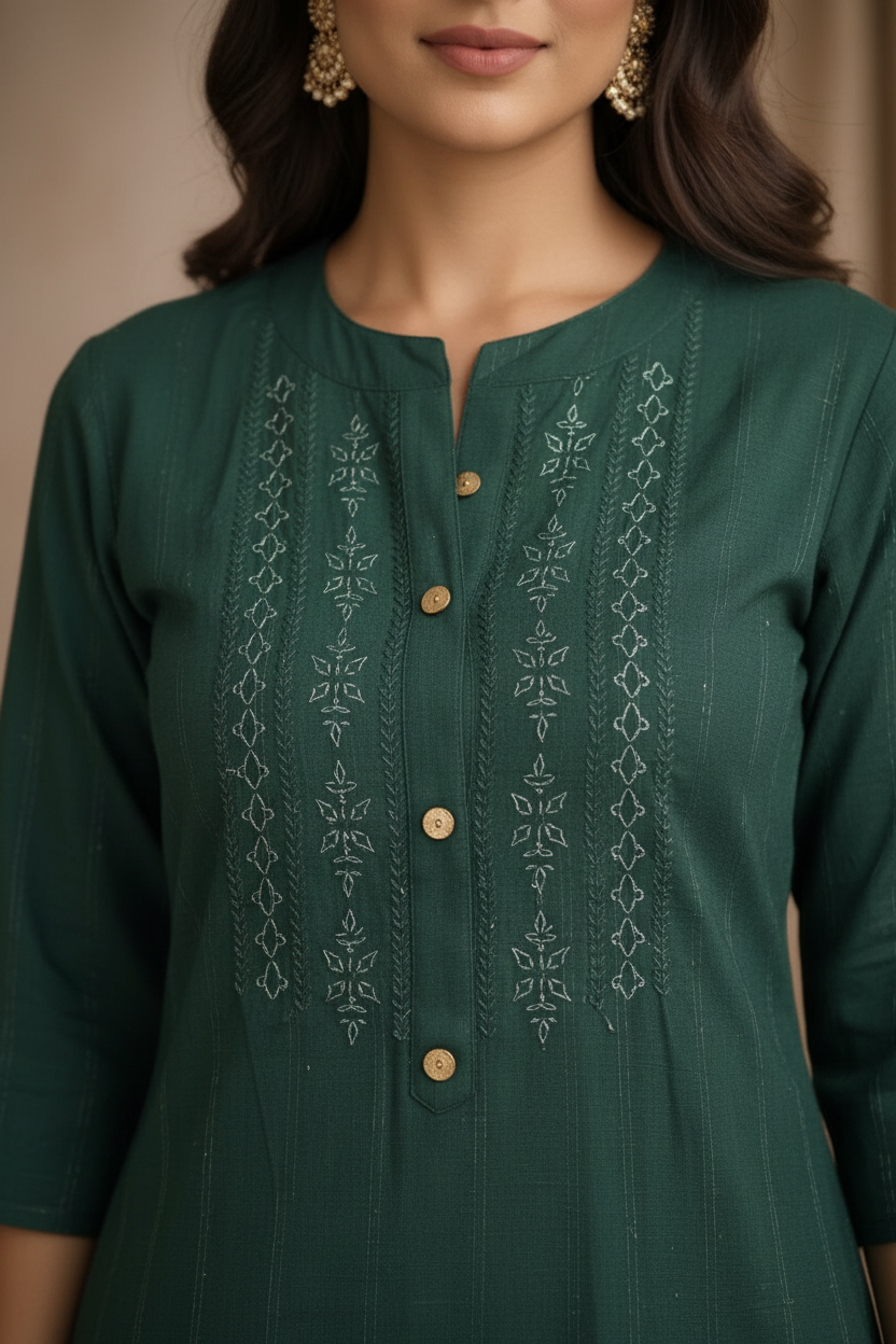 Close-up embroidery and gold buttons