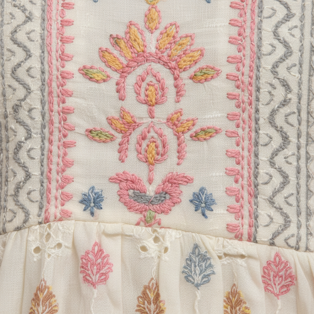 Close-up embroidery and print detail