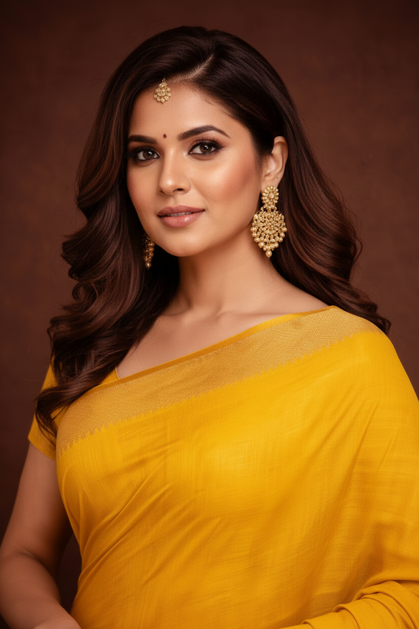 Close-up – face, blouse, maang tikka & zari border