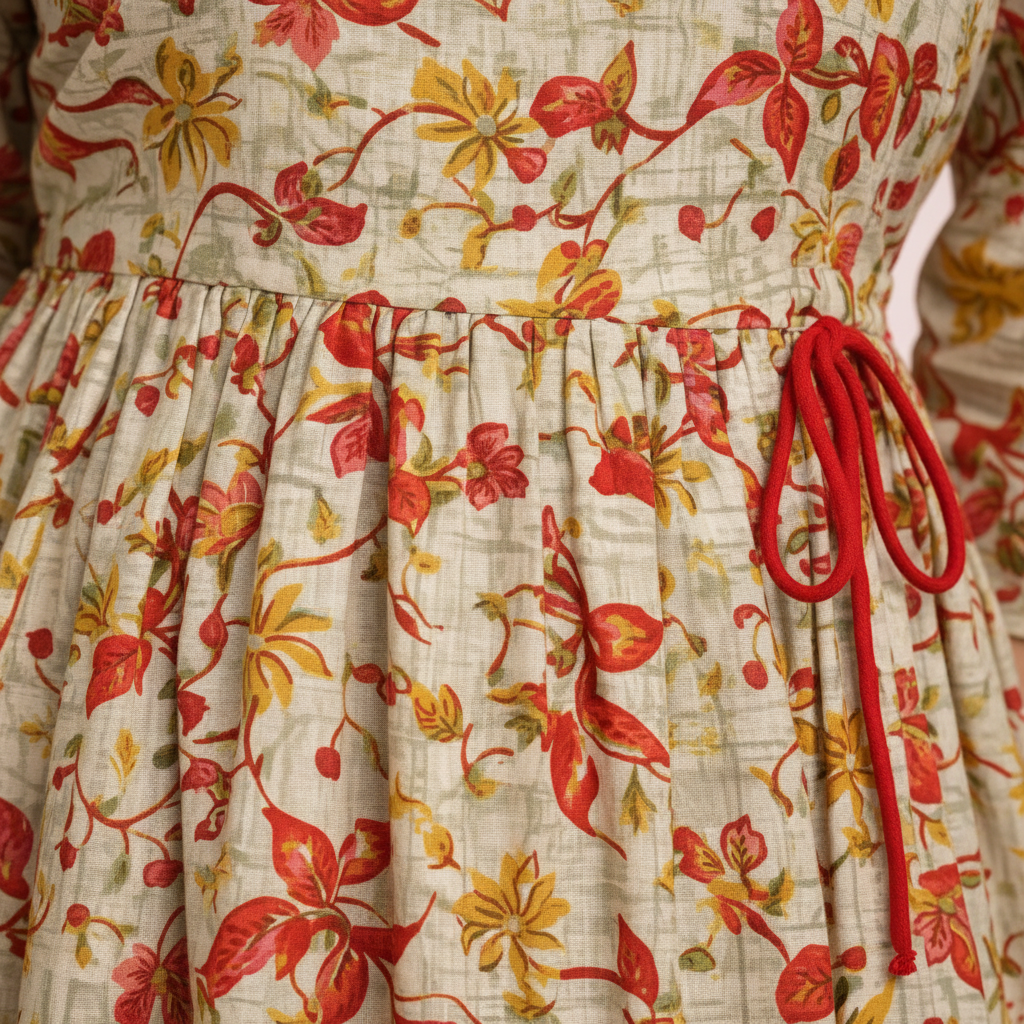 Close-up floral print and drawstring detail