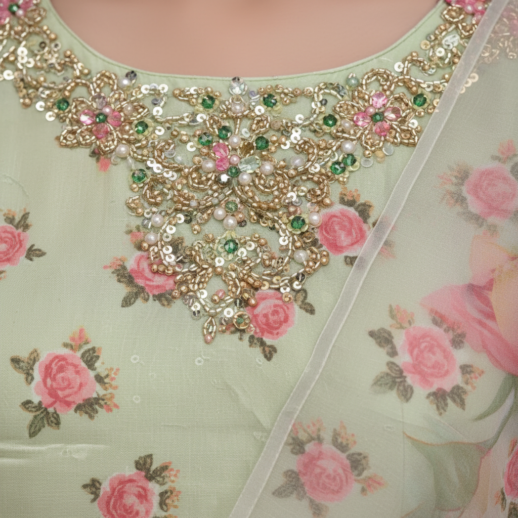 Close-up floral print and embellishment detail