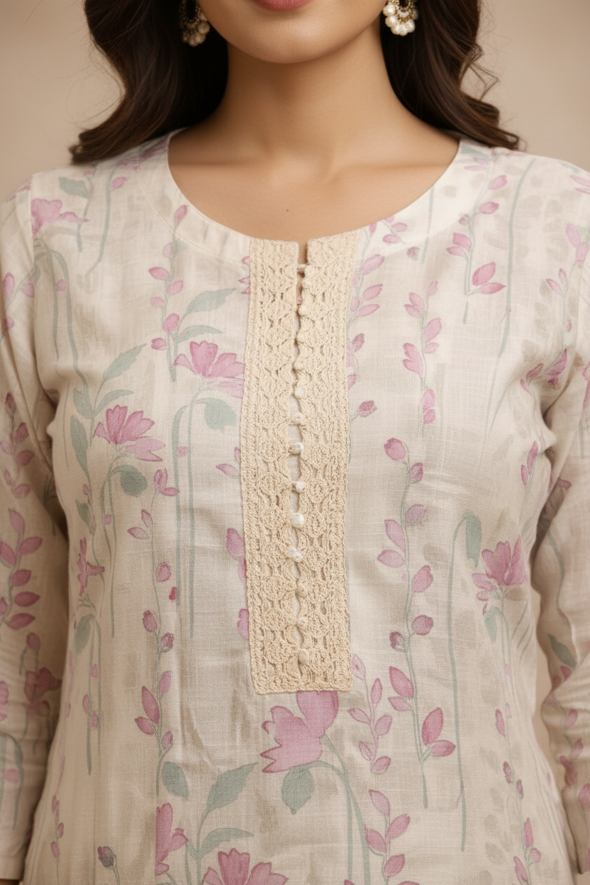 Close-up floral print and neckline