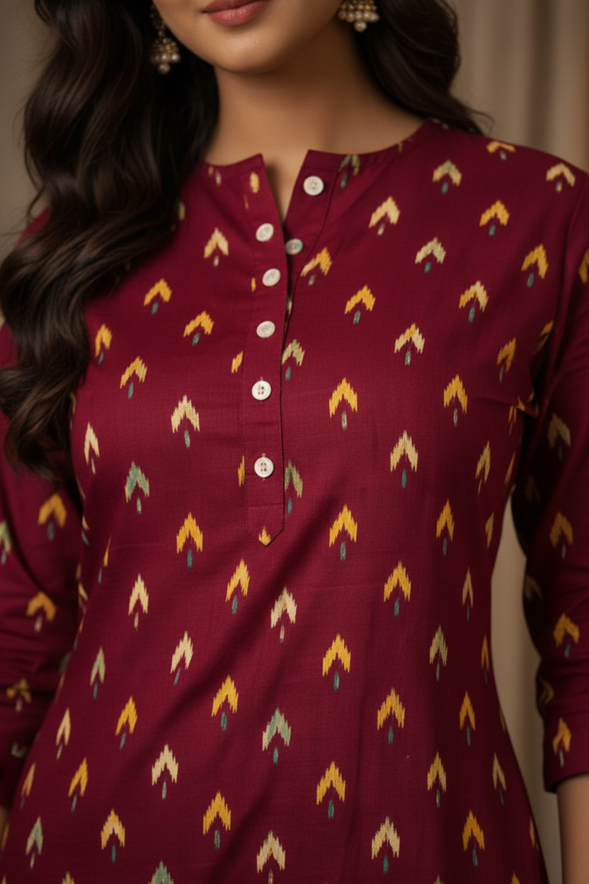 Close-up geometric print and neckline