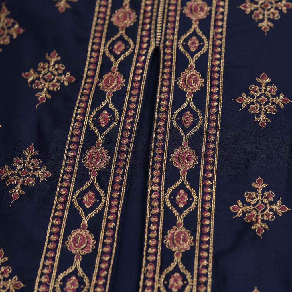 Close-up gold embroidery and border detail