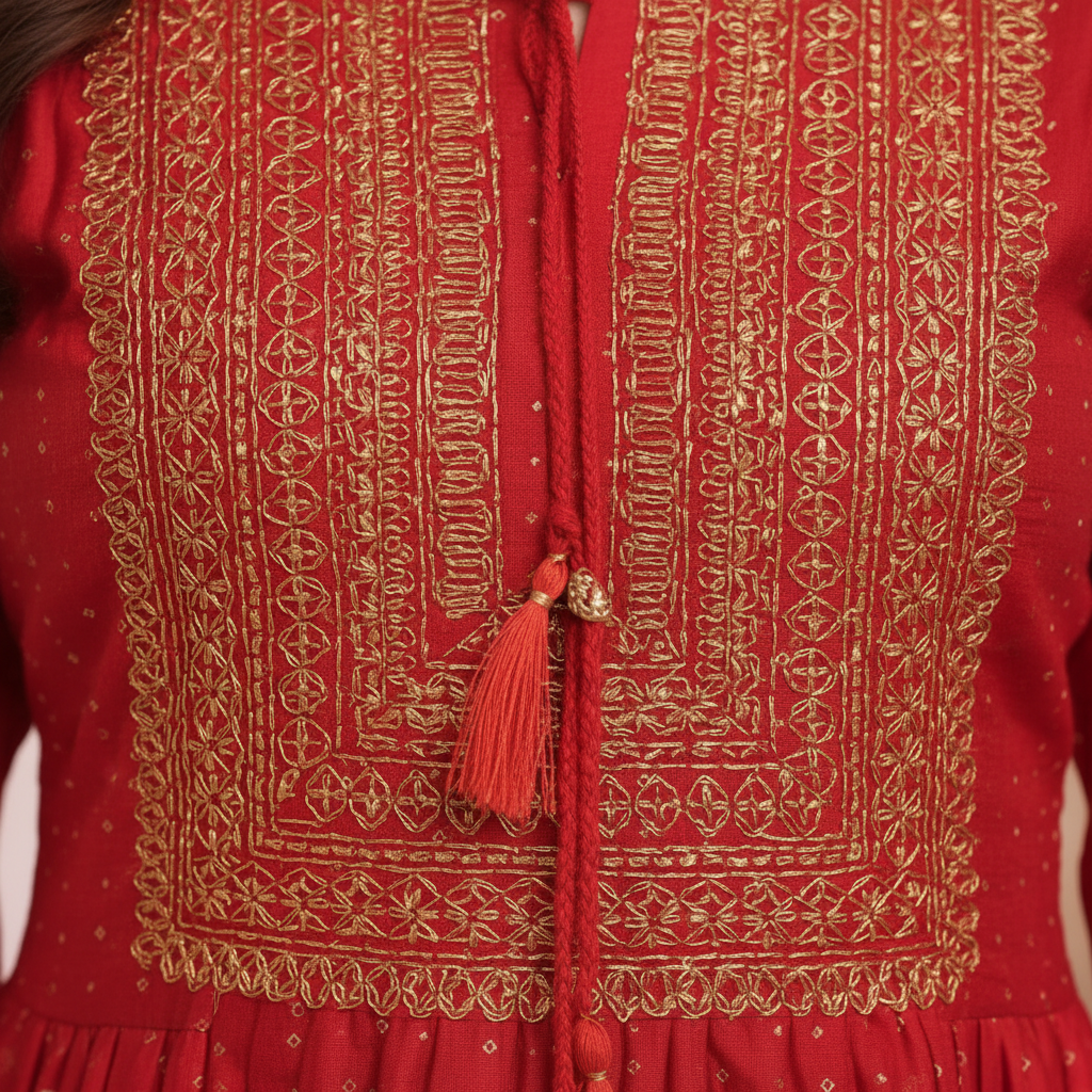 Close-up gold embroidery and print detail