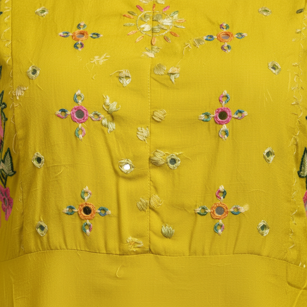 Close-up multicolor floral embroidery detail