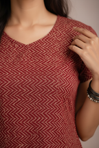 Close-up of chevron pattern and neckline detail
