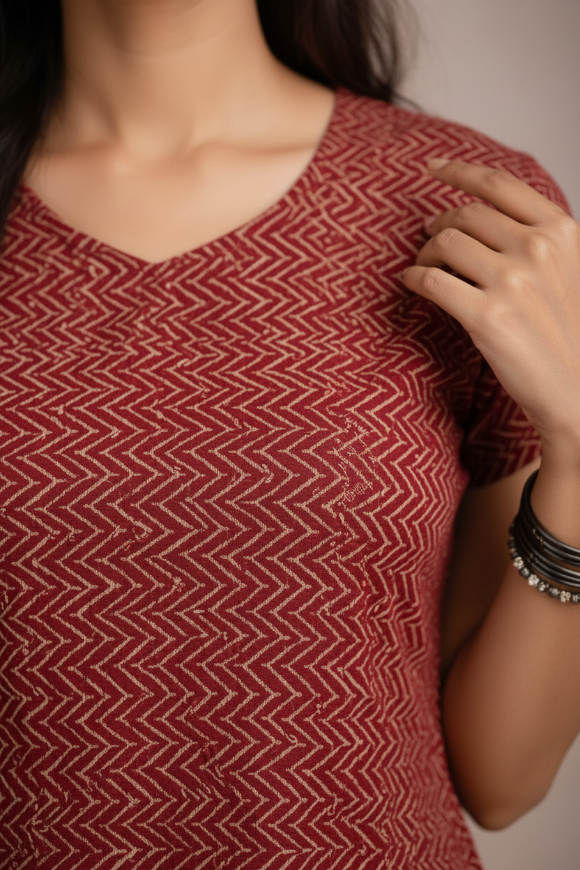 Close-up of chevron pattern and neckline detail