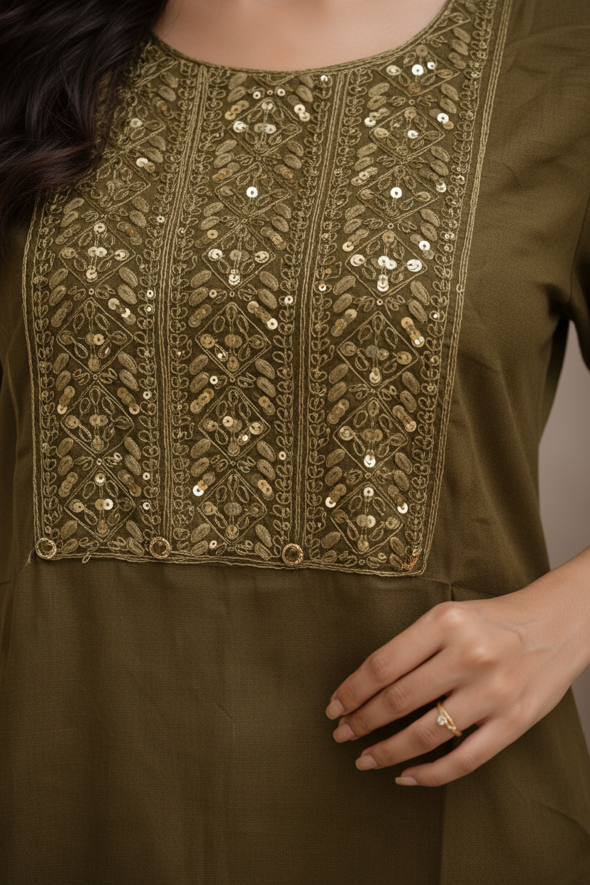 Close-up of golden embroidered yoke detail