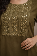 Close-up of golden embroidered yoke detail