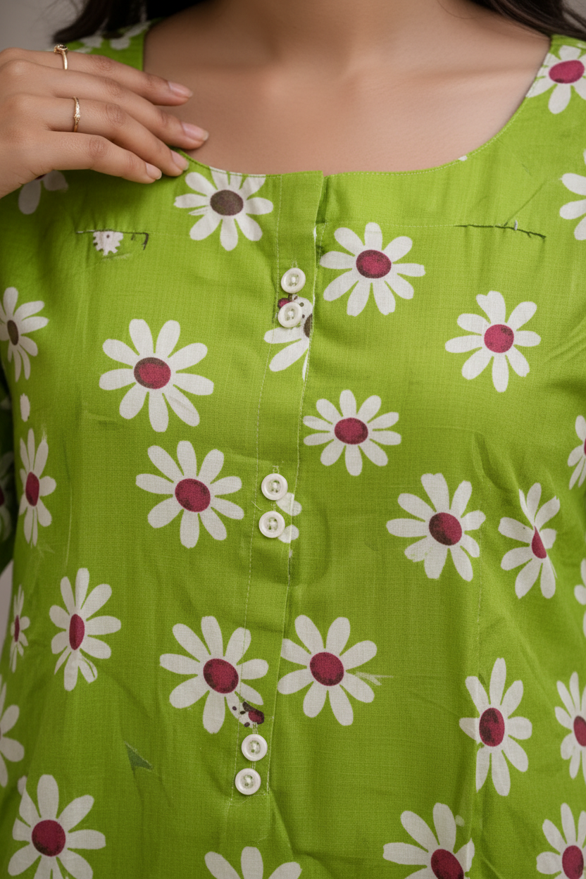Close-up of kurti fabric and daisy print detail