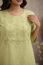 Close-up of kurti fabric and embroidered yoke detail