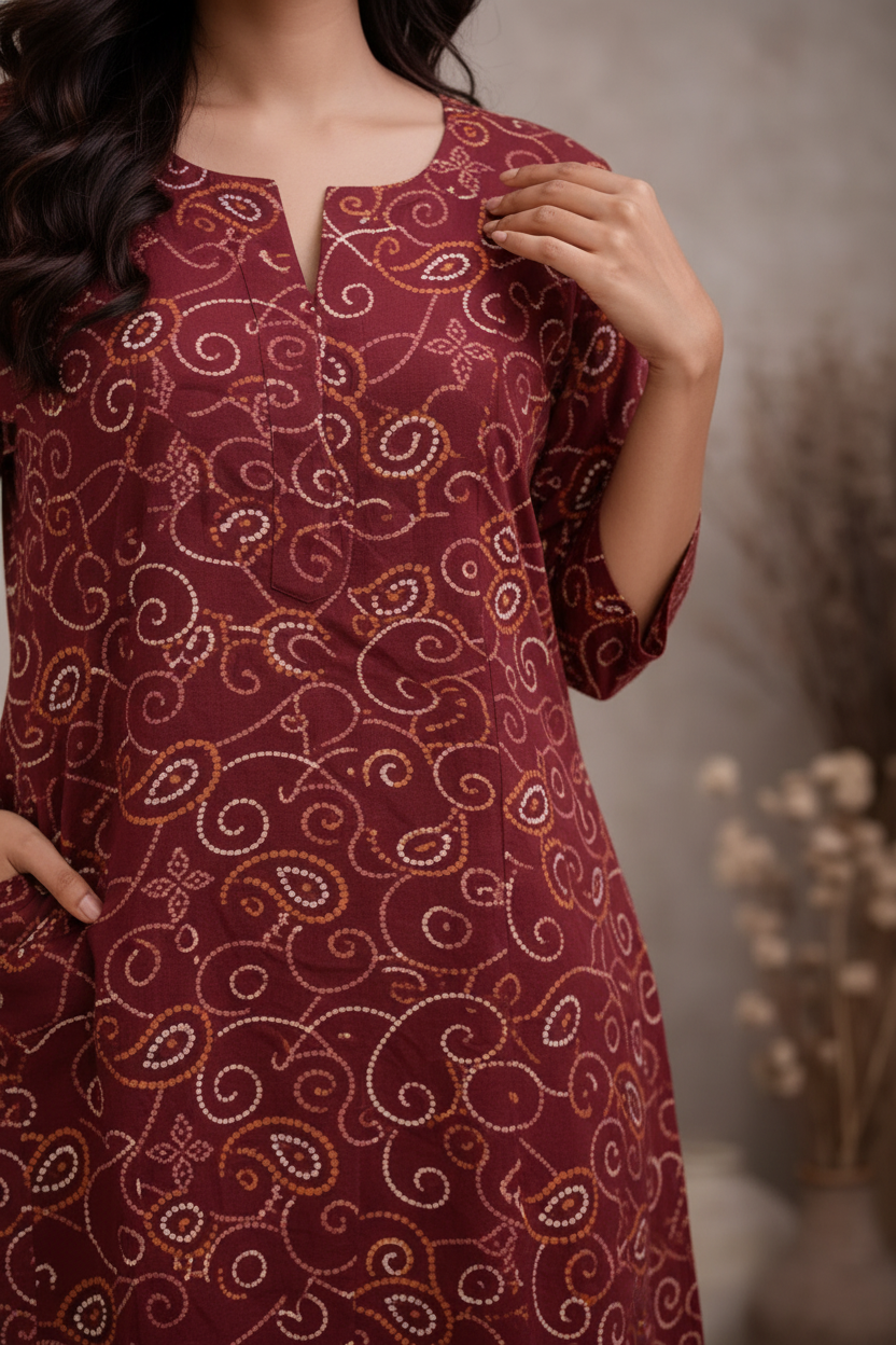 Close-up of kurti fabric and golden swirl print detail
