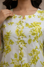 Close-up of kurti fabric and lime green floral print detail