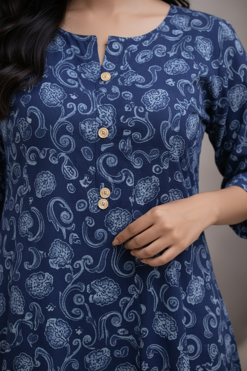 Close-up of kurti fabric and print detail
