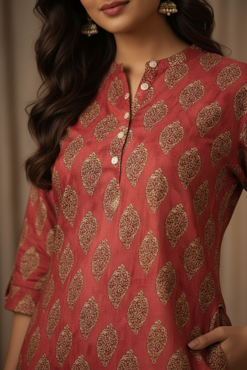 Close-up paisley pattern and neckline