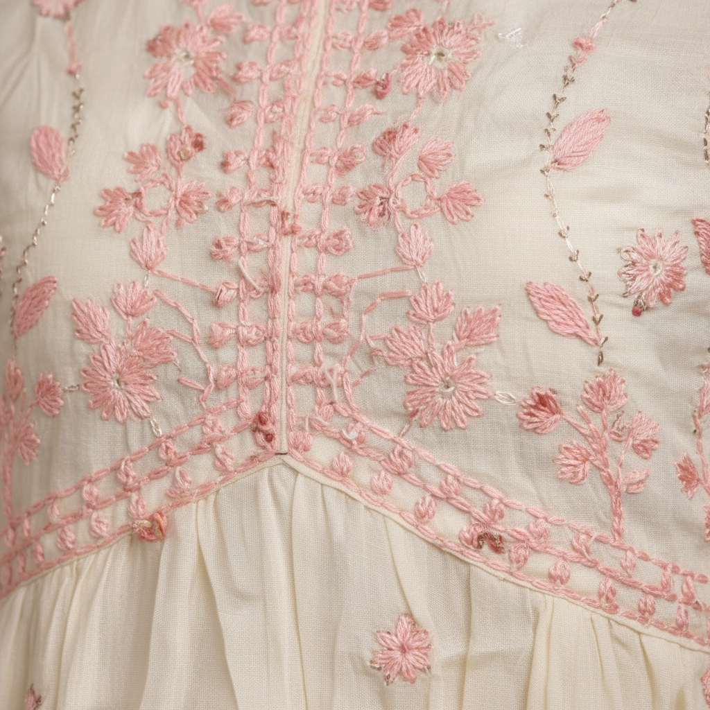 Close-up pink floral embroidery detail