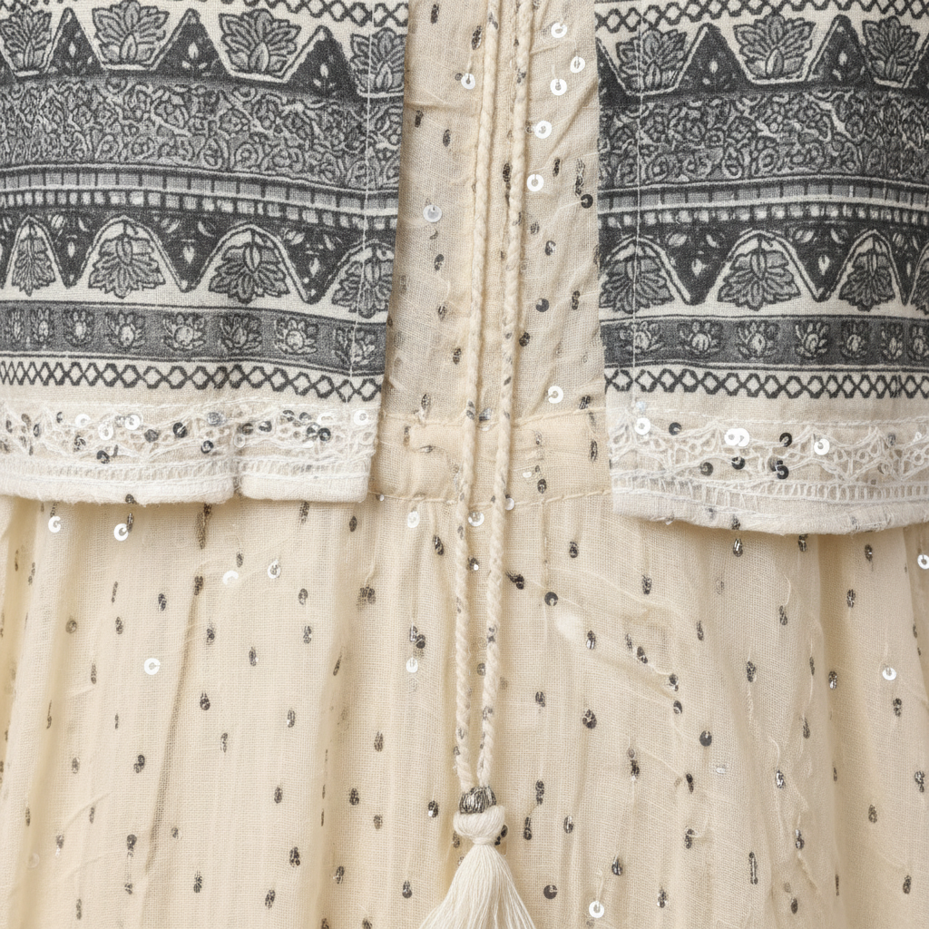 Close-up print and embellishment detail
