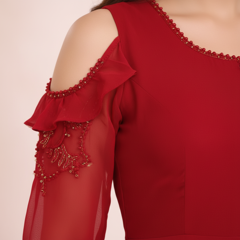 Close-up ruffle sleeve and fabric detail