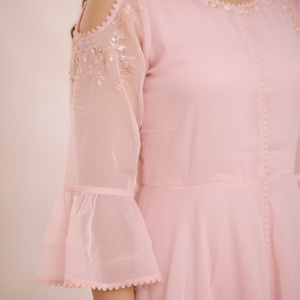 Close-up sheer sleeve and fabric detail