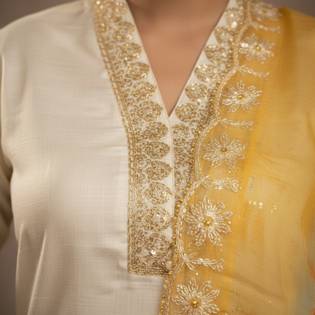 Golden embroidery detail close-up