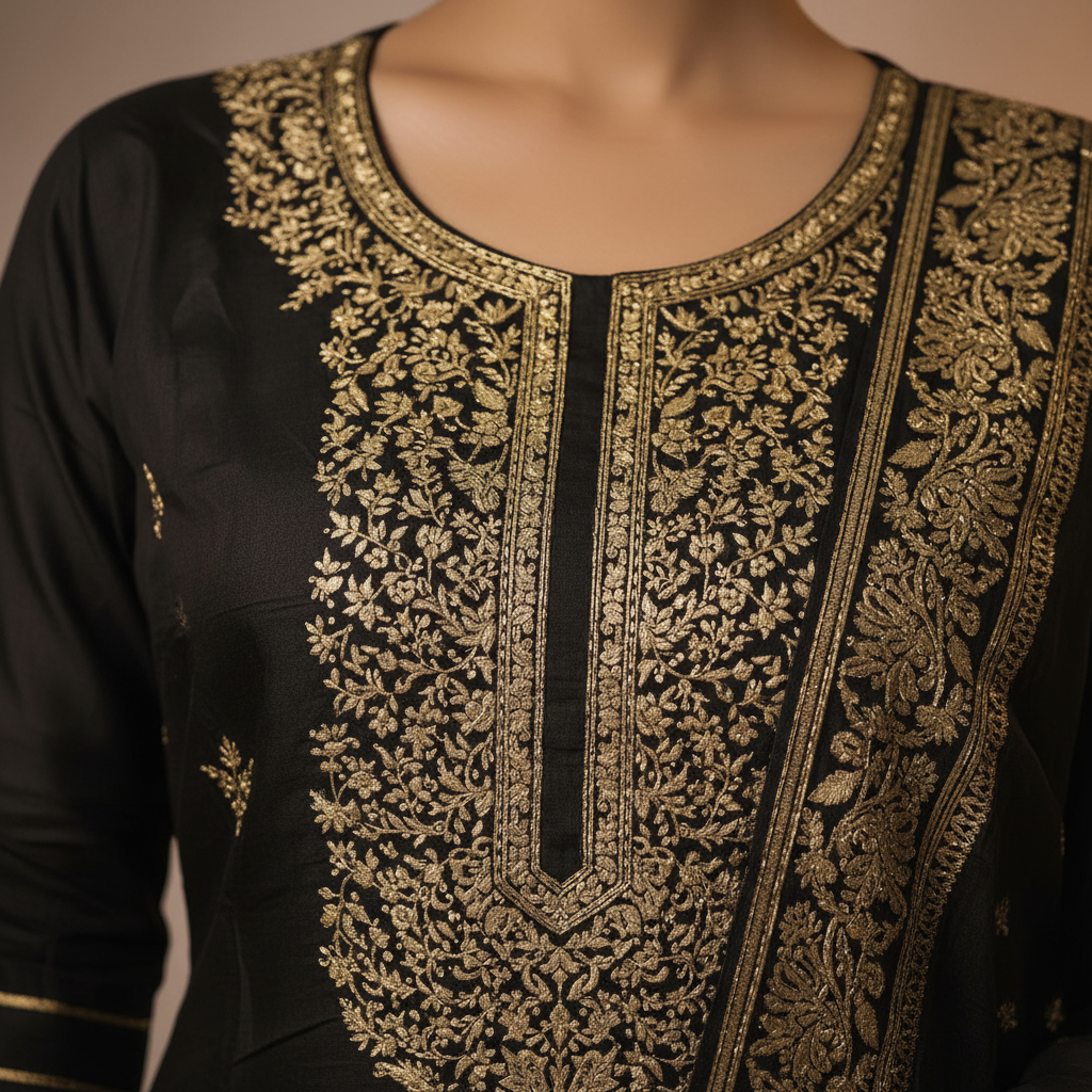 Golden zari embroidery detail close-up