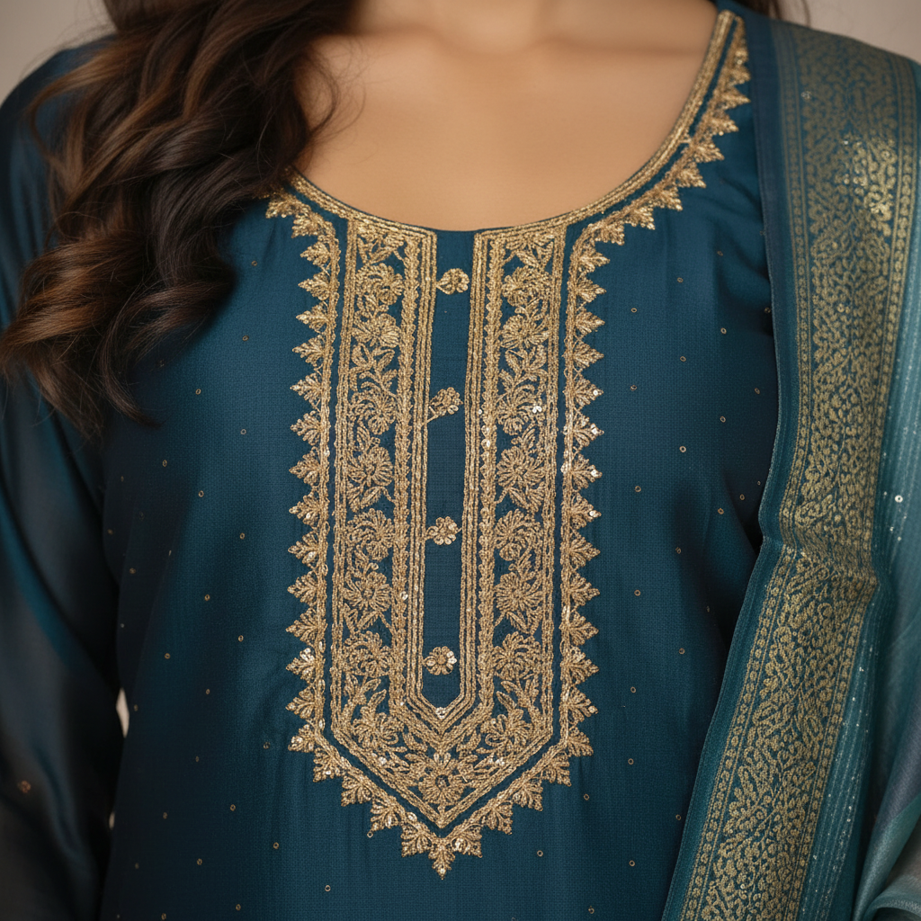Golden zari embroidery detail close-up