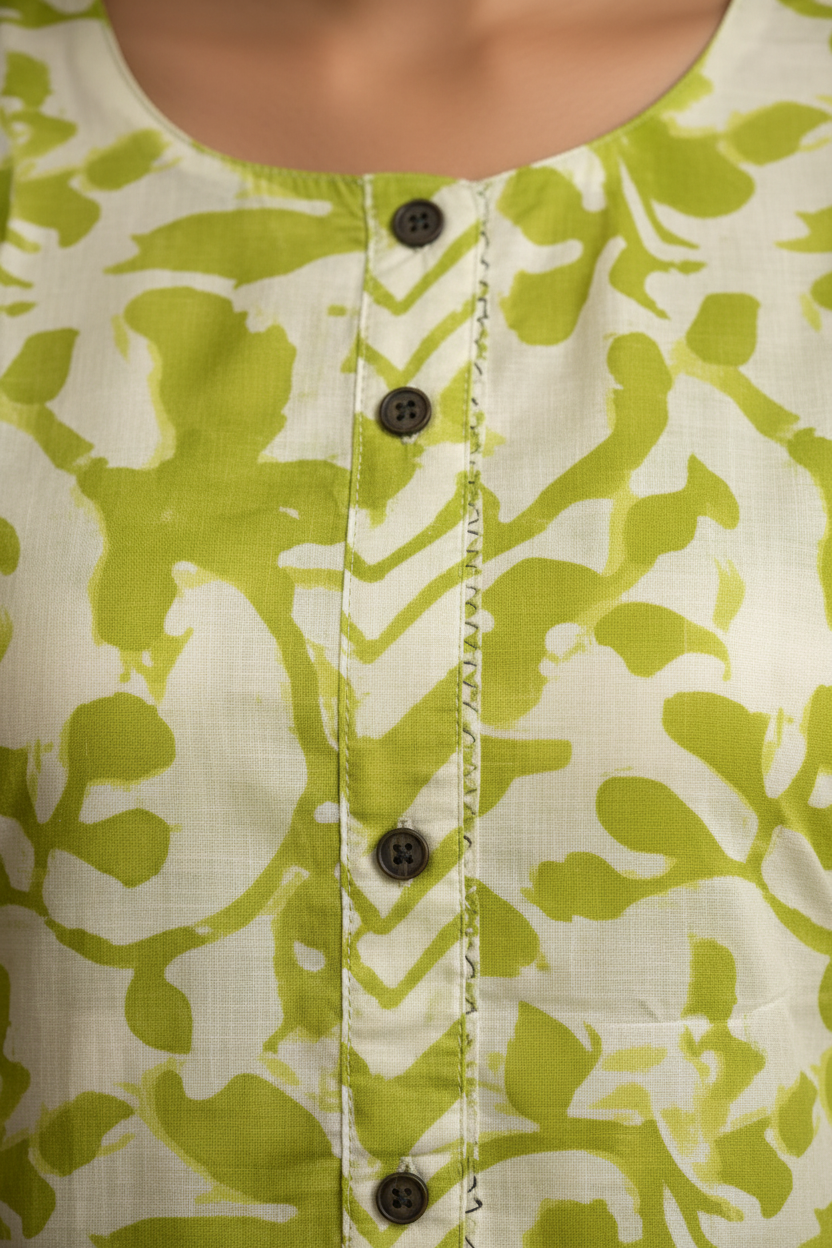 Green floral kurti close-up