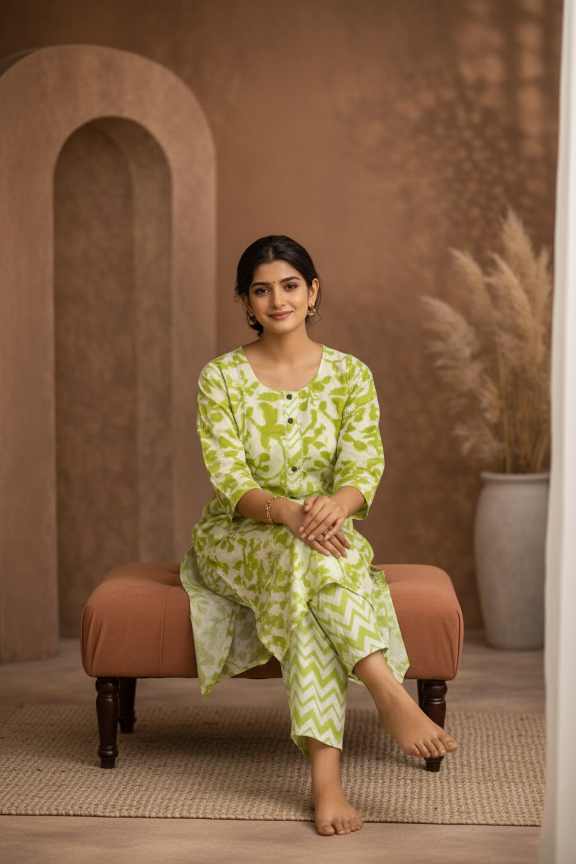 Green floral kurti seated pose