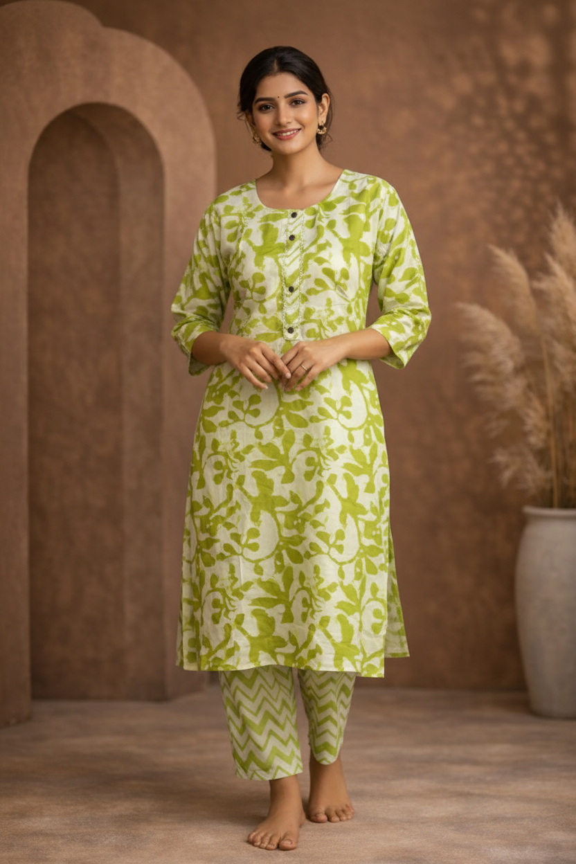 Green floral kurti side pose
