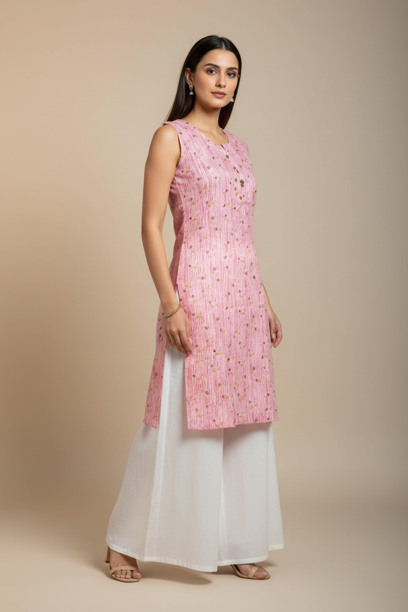 High-quality studio portrait of Indian model in pink kurti with white palazzo