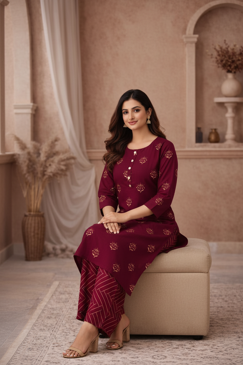 Maroon embroidered kurti seated pose