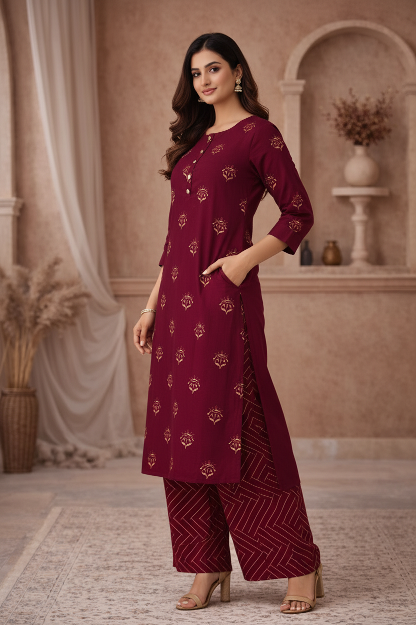 Maroon embroidered kurti side pose