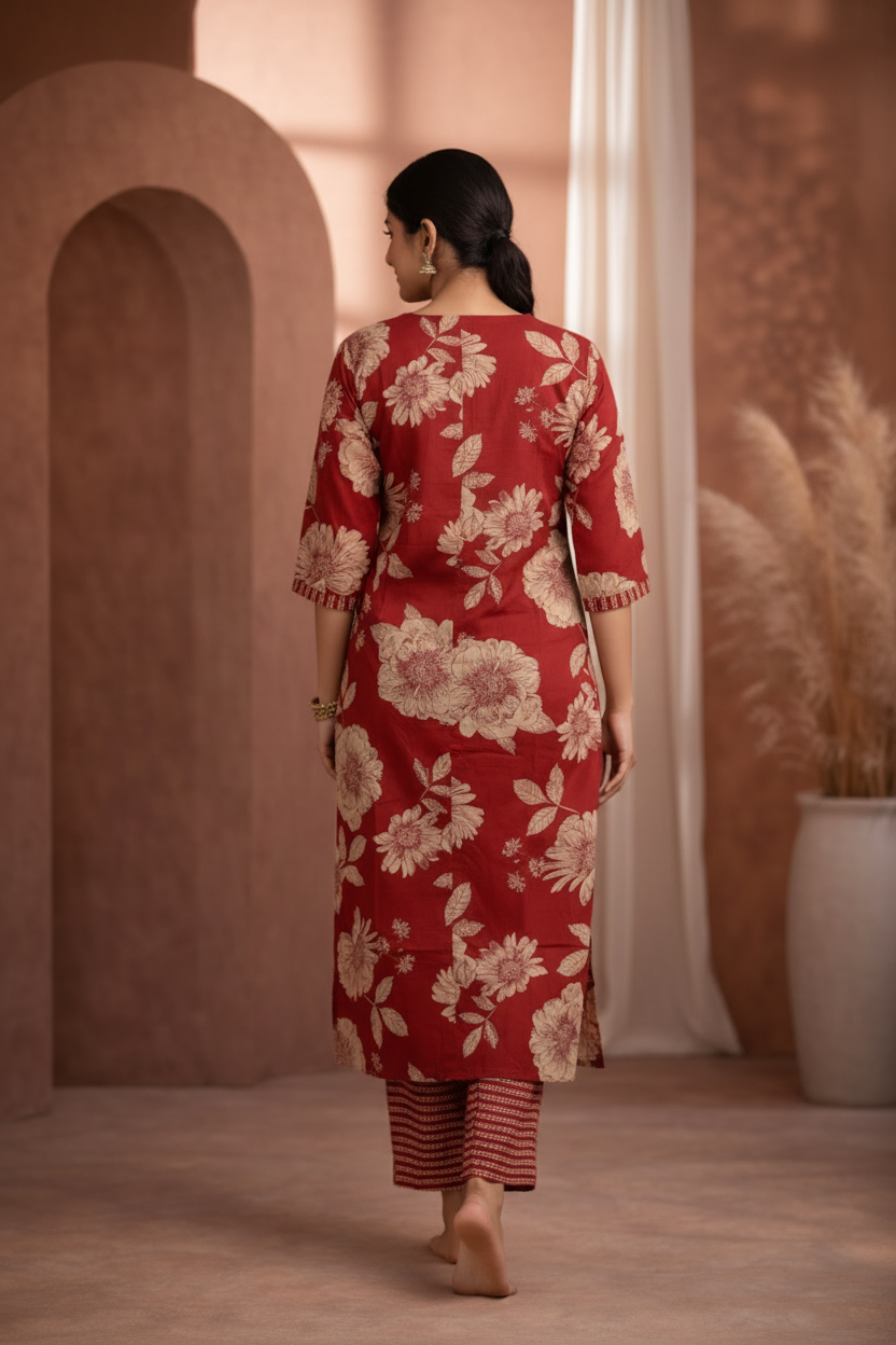 Maroon floral kurti back view