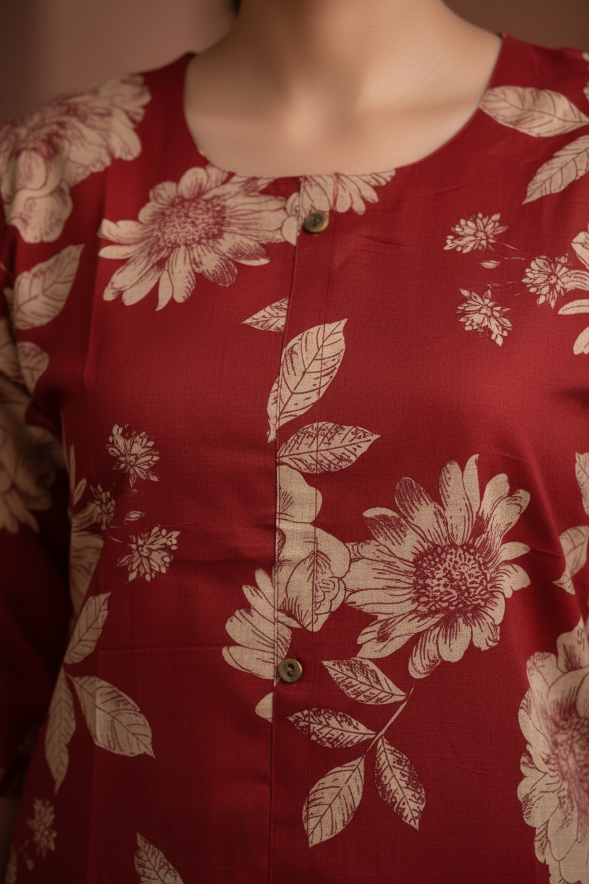 Maroon floral kurti close-up