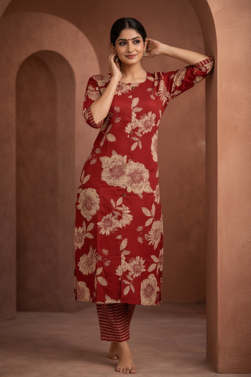 Maroon floral kurti leaning pose