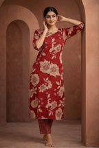 Maroon floral kurti leaning pose