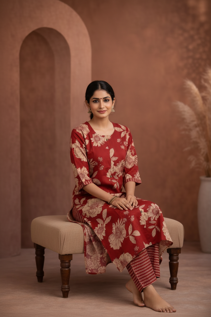 Maroon floral kurti seated pose
