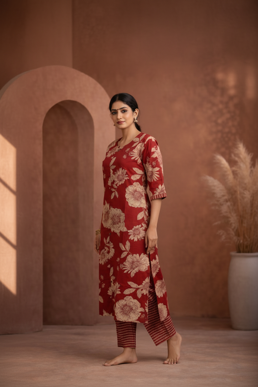 Maroon floral kurti side pose