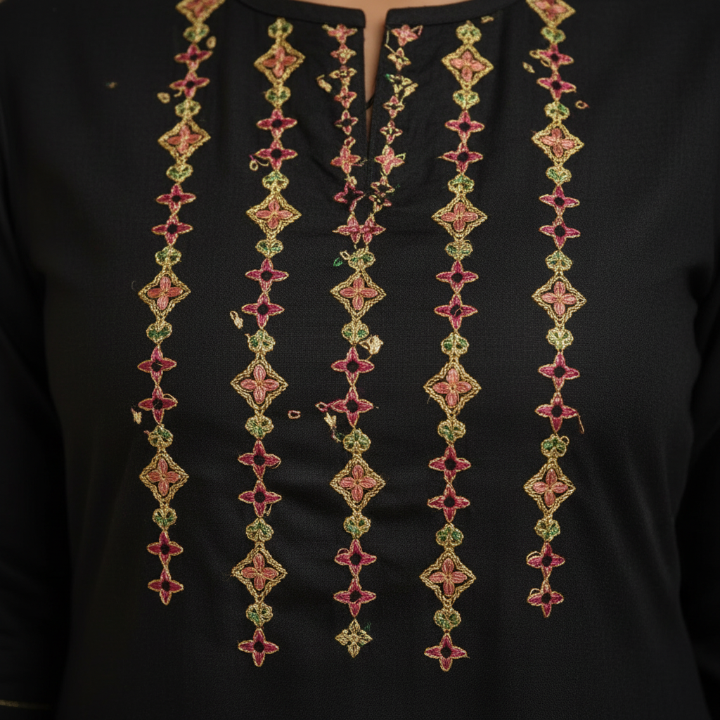 Multicolored embroidery detail close-up