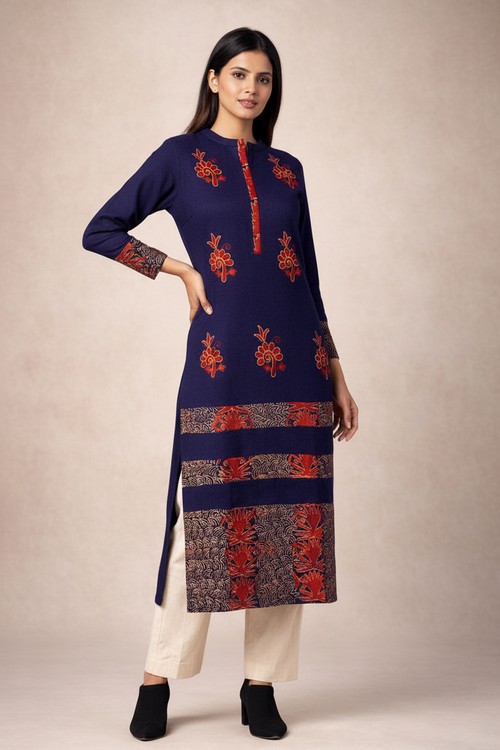 Navy Blue Embroidered Printed Kurti Front View