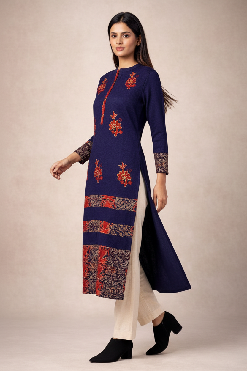 Navy Blue Embroidered Printed Kurti Movement Shot
