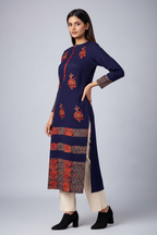 Navy Blue Embroidered Printed Kurti Side Angle
