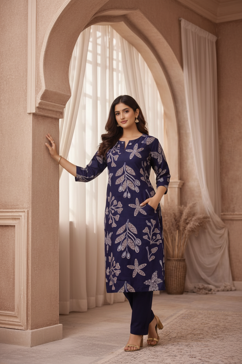 Navy floral kurti leaning pose